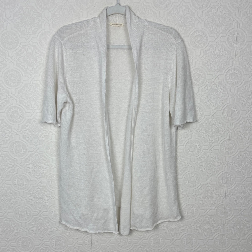Eileen Fisher White Linen Open Front Cardigan Short Sleeve Size XL